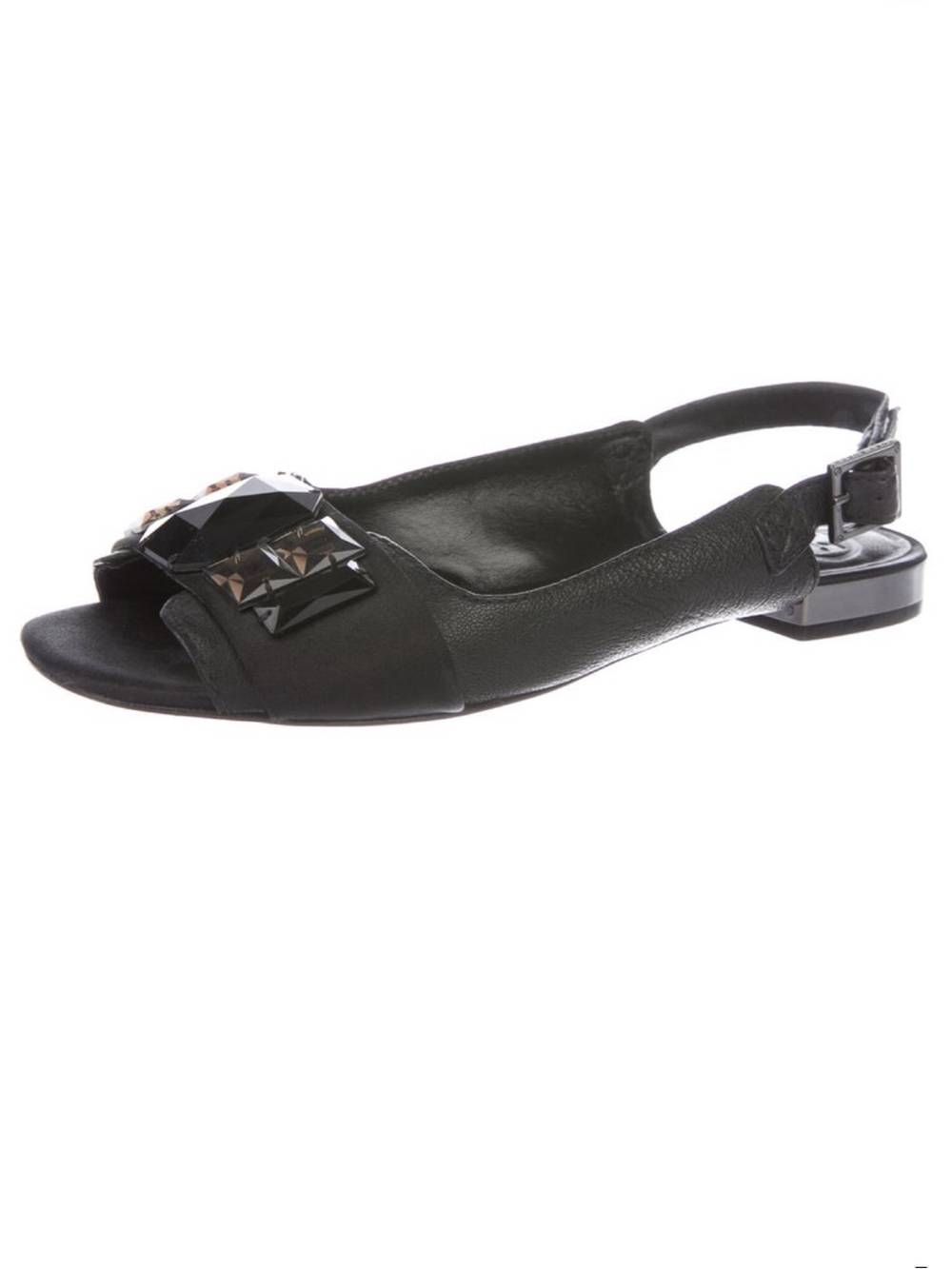 Tory Burch Black Slingback Flat Sandal with Faceted Gem Size 7.5M